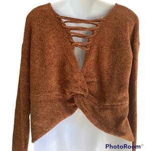 NWT Chenille Sweater Knot Twist Back Rustic Carmel Large Junior Society 212